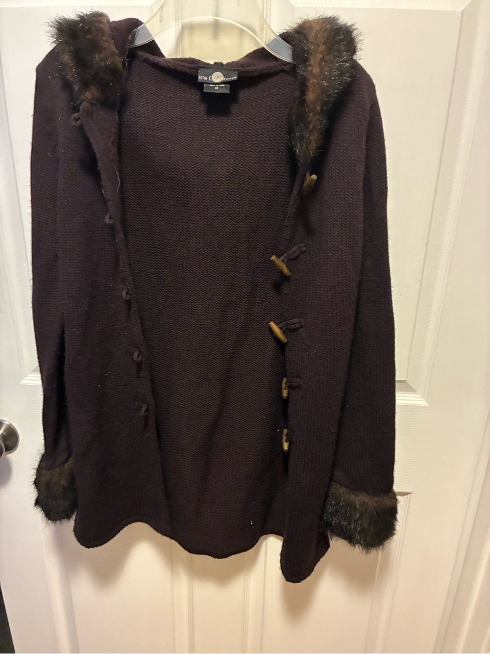 IOT-Brown Faux-Fur Trim Hooded Sweater Cardigan w/toggle buttons